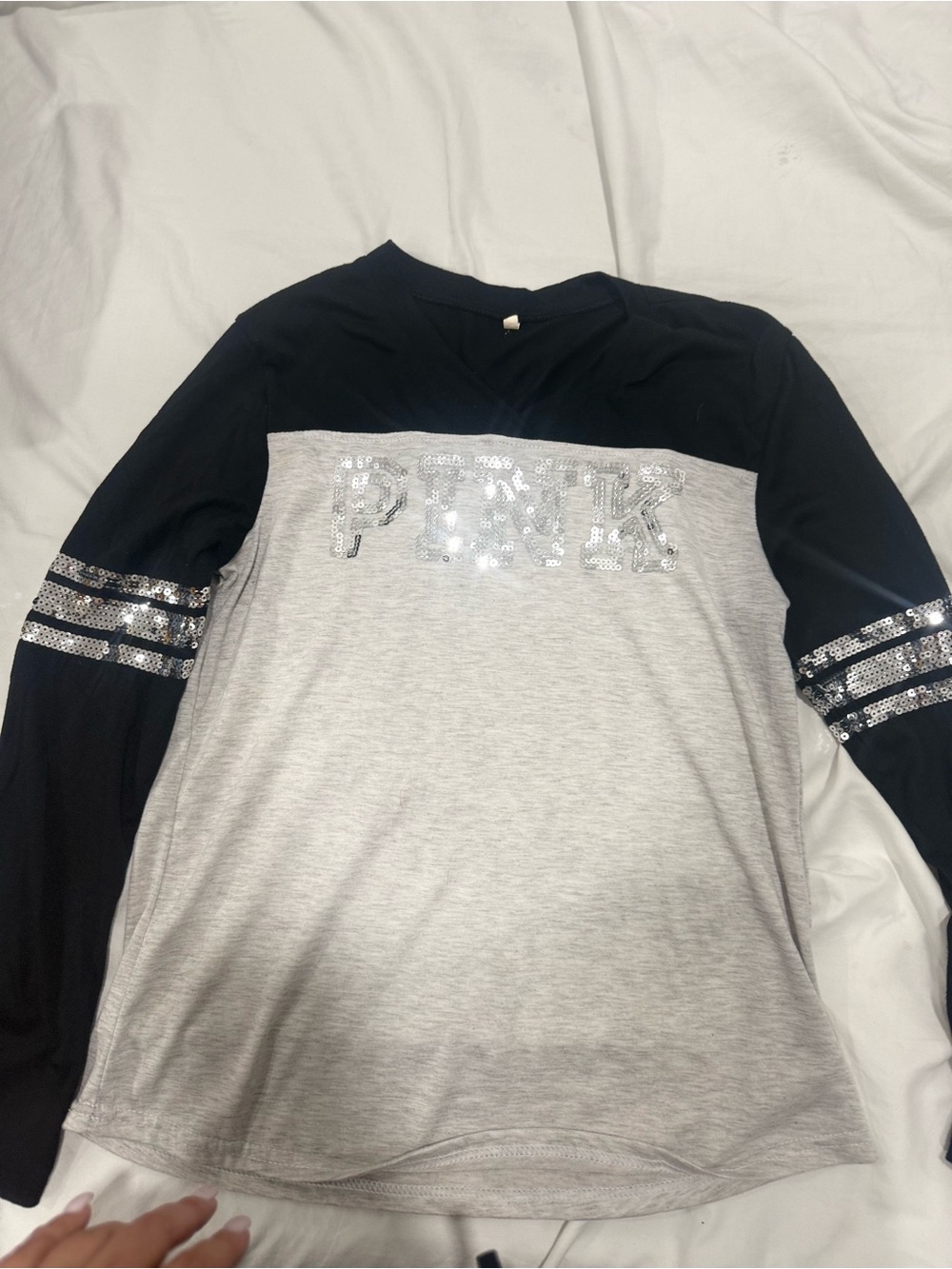 PINK Victoria's Secret Black & Light Gray Sequin Logo Long Sleeve Top